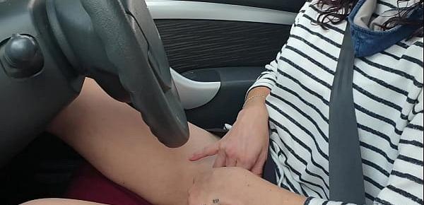  Skinny brunette outside car pussy masturbation